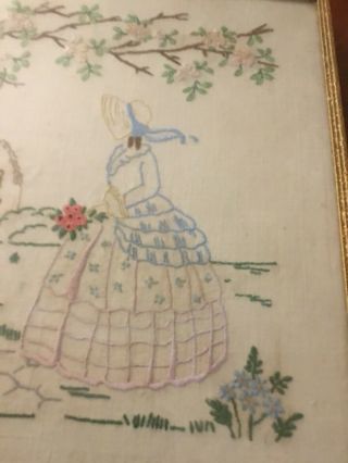 Vintage Embroidered Crinoline Lady On Irish Linen