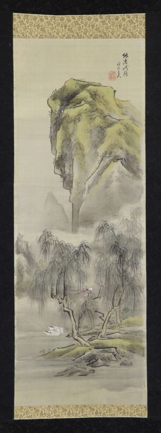 Japanese Hanging Scroll Art Painting Scenery Sansui Bird And Flower E8369