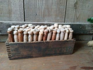 Antique Wooden Clothes Pins In Wooden Cheese Box Farm House Laundry Decor