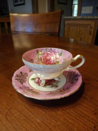 Royal Halsey Footed Demitasse Cup And Saucer Very Fine Lm,  Handpainted Pink (a31)