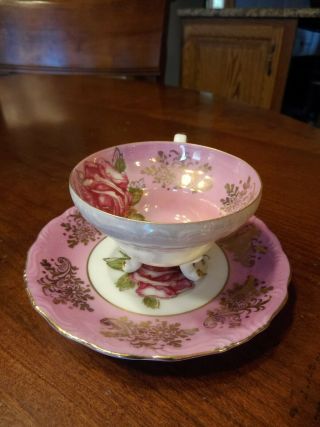 Royal Halsey Footed Demitasse Cup and Saucer Very Fine LM,  Handpainted Pink (A31) 2