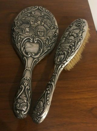 Art Nouveau Silver Mirror & Hair Brush Decorated With Angels.  Birmingham 1909.