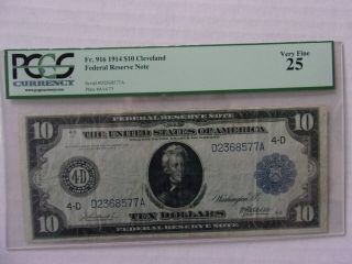 1914 $10 Federal Reserve Note Cleveland,  Rare Fr 916,  Pcgs 25 Very Fine