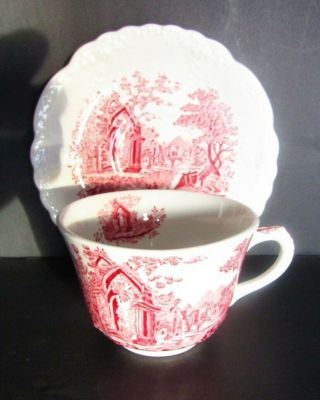 Rare Antique English Abbey China Red Transfer Print Cup And Saucer