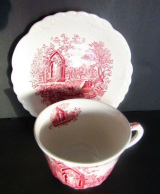 RARE ANTIQUE ENGLISH ABBEY CHINA RED TRANSFER PRINT CUP AND SAUCER 2