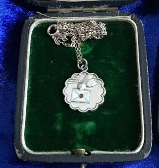 Gorgeous Antique Art Deco Real Silver Bird Carrying Letter Pendant & Chain