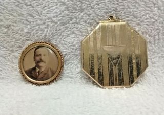 Antique Victorian Gold Filled Pin With Portrait Of Gentleman W/mustache & Locket