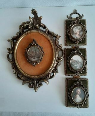 Antique Miniature Silk Pictures In Brass Frames & Velvet Mounts.  Portraits Land