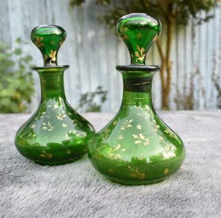 Antique 19thc French / Bohemian Green Glass Perfume Scent Bottles - Gild