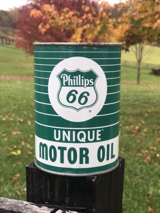 Vintage Phillips 66 Unique Motor Oil Can Quart Advertising Very Rare Full.  Nos.