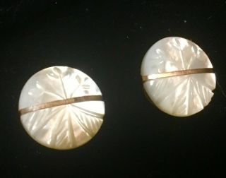 Antique Art Deco Carved Mother Of Pearl Mop Cufflinks W Gold Bar And Gf Back