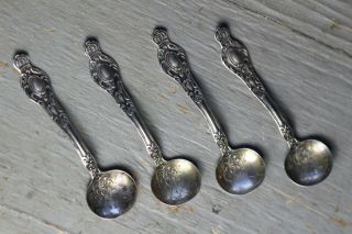 Set Of Four (4) Antique Sterling Silver Repousse Salt Cellar Spoons 2 1/4 "