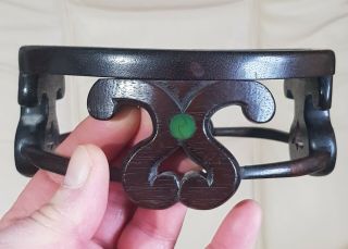 Large Antique Chinese Carved Hardwood Vase Stand Green Roundel Inlay.  19th.  C.  Fine
