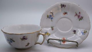 Antique / Vintage Meissen Breakfast Cup And Saucer - Hand Painted Flowers