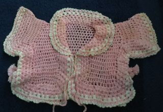 Vintage Mommy Made Knitted Crochet Pink Doll Bed Jacket Top Sweater
