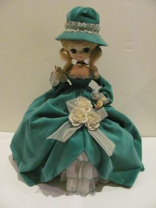 1977 Vintage 14 " Big Eyed Doll Bradley Import Turquoise Velvet Dress & Hat
