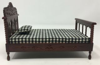 Nos Wood Dollhouse Miniature Bed W Mattress Pillow Black & White Furniture W Box