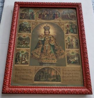 Antique Miraculous Infant Jesus Of Prague Framed Religious Print 10 Scenes