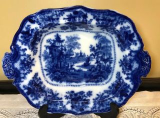 Antique W.  Adams England Flow Blue Ironstone Footed Serving Bowl