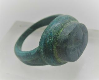 Ancient Roman Bronze Seal Ring With Agate Stone Dolphin Intaglio 200 - 300ad