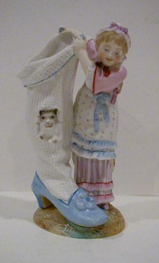 Antique Bisque Porcelain Figurine Girl With Cat In A Shoe Stamped Numbered