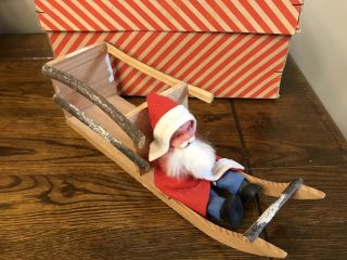 Large Antique Vintage Clay Face Christmas Santa On Wood Sleigh