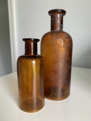 2 Antique Hand Blown Apothecary Drug Medicine Amber Pharmacy Bottles