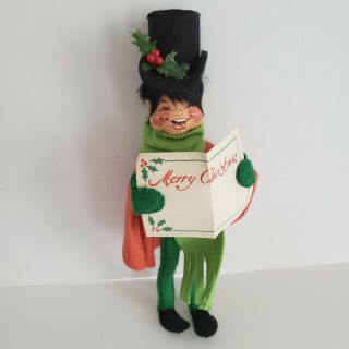 Vintage Annalee Dolls Christmas Caroler Man Singing Green Red Top Hat Scarf