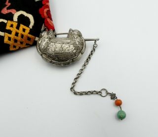 Rare Antique Chinese Etched Sterling Silver Chain With Coral/ Jade Beads Longevi