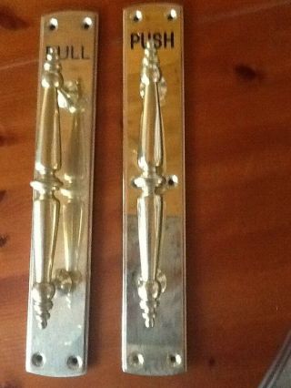 Two Brass Door Handles,  One Labelled Pull The Other Push