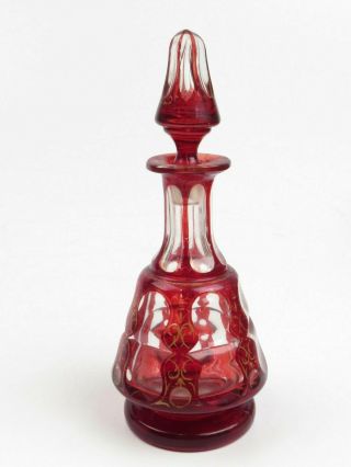 Antique Cranberry Cut Crystal Perfume Bottle Hand Blown Glass Numbered Set Gilt