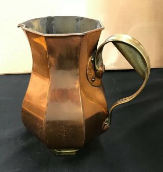 Antique Vintage Large Copper Pitcher Vase W/ Brass Handle Rare Octagon Shape 11”