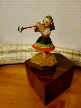 Henning Norway Hand - Carved Wood Figure Woman Blowing Horn Rare Carving L@@k