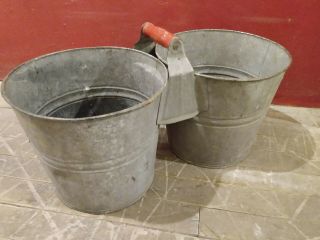 Authentic Vintage Galvanized Metal Twin Bucket Double Pail Wood Handle