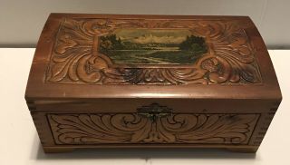Ornate Old,  Vintage Carved,  Footed Wooden Jewelry Box With Mountain Scene