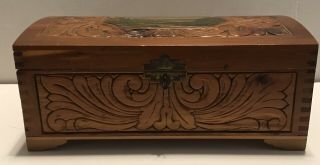 Ornate Old,  Vintage Carved,  Footed Wooden Jewelry Box With Mountain Scene 2