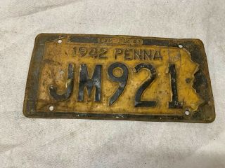 Antique Vintage 1942 42 Pa License Plate Jm921 Penna