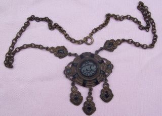 Old Vintage Antique Victorian Black Glass Mourning Festoon Necklace Gilt Enamel