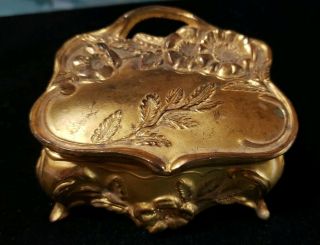 Antique Vintage Gold Gilt Ormolu Jewelry Casket Box With Silk Lining