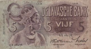 5 Gulden Vg Banknote From Netherlands Indies/javasche Bank 1938 Pick - 78 Rare