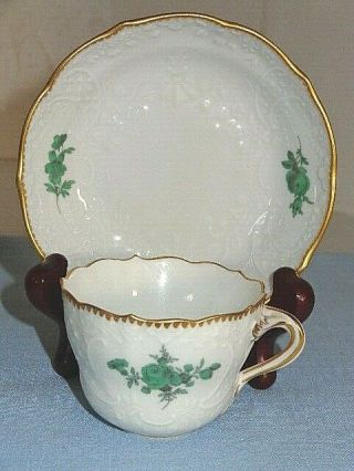 Antique Meissen Green Flowers & Gold Demitasse Cup & Saucer