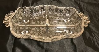 Vintage Clear Etched Frosted Glass Divided Footed Relish Tray