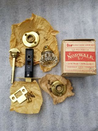 Vintage Norwalk Lock Co.  Closet Door Lock Set With Glass Knobs W Box.  Nib