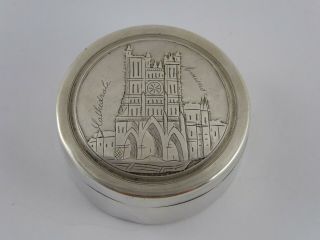 Lovely Antique French Solid Silver Pill / Snuff Box Cathedral Amiens Notre Dame