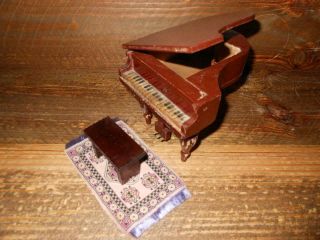Antique Dollhouse Wooden Baby Grand Piano Made Of Old Cigar Box W/ Bench & Rug
