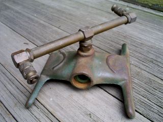 Antique Vintage Lafayette Cast Iron and Brass Lawn Sprinkler Dual Heads Rotating 2