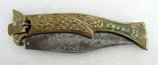Antique Old Rare Brass Fish Figure Spring Locking System Folding Pocket Knife