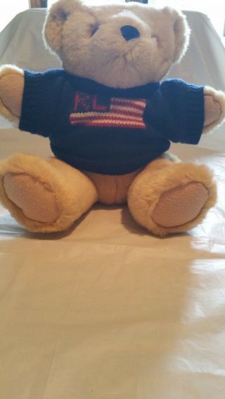 Vintage 1996 Ralph Lauren Teddy Bear With Blue Flag Sweater On Light Tan Brown