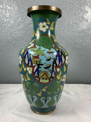 Large 10” Tall Chinese Cloisonné Enamel Brass Figural Floral Vase Vintage
