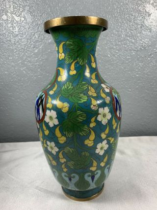 Large 10” Tall Chinese Cloisonné Enamel Brass Figural Floral Vase Vintage 2